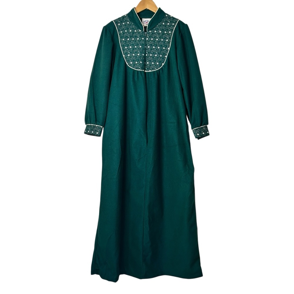 Castle Harbor Embroidered Robe House Coat Fleece Forest Green MED Half Zip Vtg
